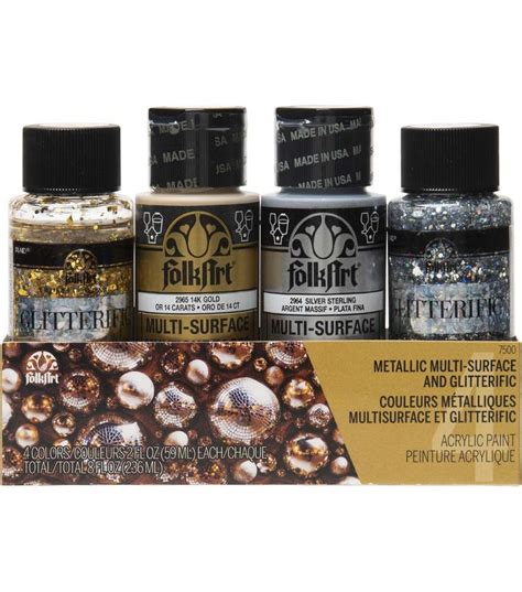 Folkart Multi Surface Glitterific Paint Set 4pc Gold Silver 